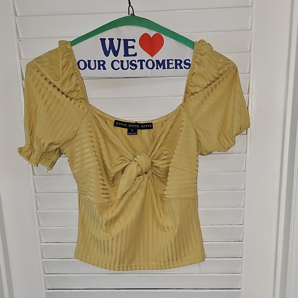 Yellow Puff Sleeve Tie-Front Top